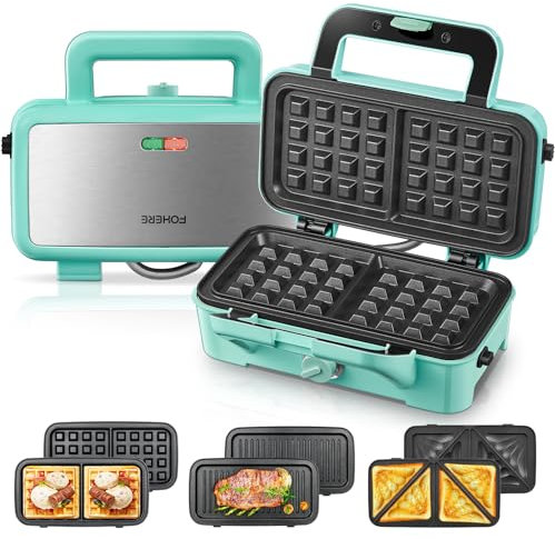 Sandwichmaker 3 in 1, 1200W Waffeleisen/Kontaktgrill/Sandwichtoaster, 5-Gang-Temperaturregelung, Antihaftbeschichter Plattensets, Wärmeisoliertem Griff, Spülmaschinengeeignet, LED-Leuchten, Blau