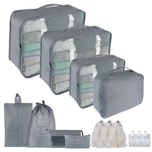 Koffer Organizer Packing Cubes, 14-teilige Gepäck Organizer, wasserdichter Reise-Essentials, Kleidung-Schuhe-Kosmetik-Toilettenartikel-Aufbewahrungsbeutel - Koffer-Gepäck-Organisator (Grau)