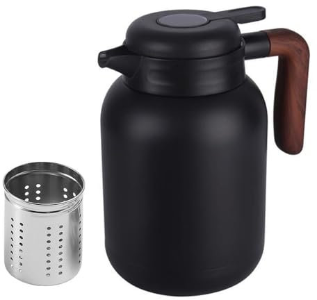 Cafetière isotherme de 1,5 l avec poignée en bois, en acier inoxydable 316 à double paroi - Théière thermique avec passoire à thé amovible - Avec bec verseur anti-goutte pour café, thé, lait (noir)