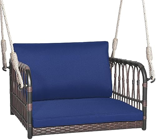 COSTWAY Patio Porch Swing Chair, Outdoor Single Person Hanging Seat with Back and Seat Cushion, Rattan Woven Hammock Chair for Balcony & Backyard