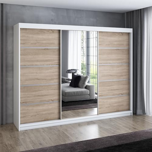 A&J MöbelLand Schwebetürenschrank VILUNO 1 Kleiderschrank 3-türig 200 cm mit Spiegel, 4 Schubladen & 2 Kleiderstangen, Geräumiger Schlafzimmerschrank (Weiß/Sonoma)