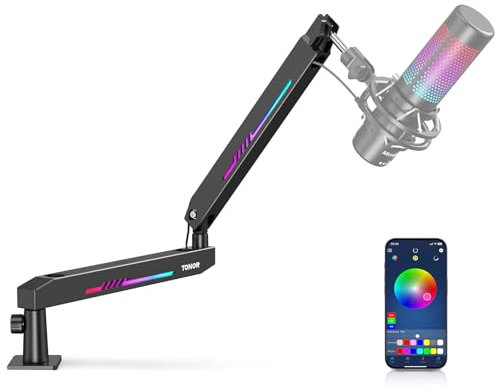 TONOR RGB Gaming Mikrofon Arm, Low Profile Mikrofonarm mit einstellbar RGB-Lichteffekt, Boom Arm mit Kabelmanagement, Kompatibel mit HyperX Quadcast, Blue Yeti, für Streaming, Studio, T90LP