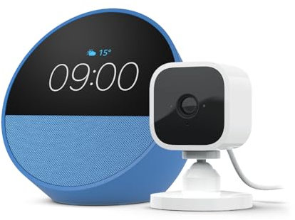 Echo Spot | Ocean Blue + Blink Mini Indoor smart security camera with night vision (White) | Smart Home Starter Kit