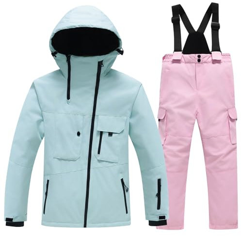 L SERVER Skianzug Jungen mit Kapuze Winddicht und Wasserdichter Schneeanzug Mädchen Skianzug Zweiteilig Kinder Warme Skijacke + Skihose, Mintgrün + Hellrosa, 152-158