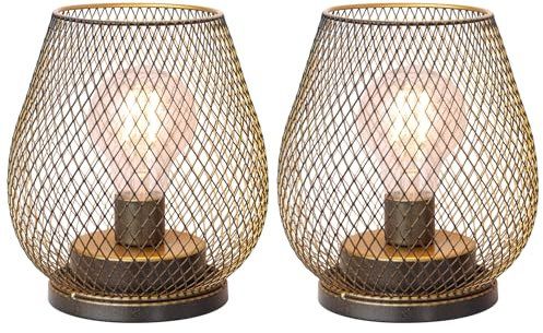 DECORKEY Set of 2 Battery Operated Lamp LED Table Lantern, Golden Metal Cage Cordless Lamps with LED Bulb，Vintage Decorative Outdoor Lantern for Weddings, Parties, Patio, Events for Indoor Shelf Decor