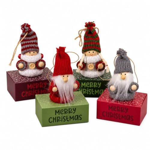 MIJOMA 4er Set Mini-Geschenkschachteln mit süßen Wichteln 7.5 cm aus Holz und Strickstoff, Geschenkbox Pappkarton, Aufziehbare Schachtel Merry Christmas, ideal für Geldgeschenke (Bunter Mix)