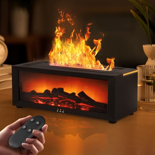 Diffuseur D'huiles Essentielles 3D Flame, Humidificateur De Flamme De Cheminée 150ml Avec Minuterie, Protection Contre L'arrêt Automatique, Veilleuse LED 7 Couleurs Et Télécommande, Diffuseur D'aromat