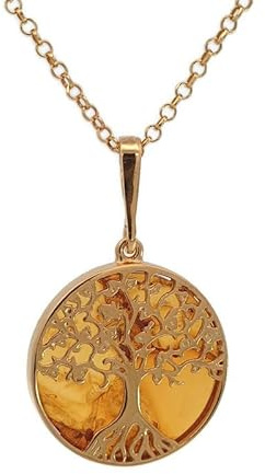 Kiara Jewellery Collar con colgante de árbol de la vida chapado en oro de plata de ley 925 sobre un disco de ámbar marrón en cadena de plata italiana de 45,7 cm., Large, Plata, Ámbar