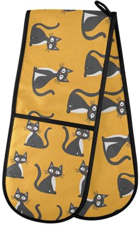 Oven Gloves Double Oven Gloves Cartoon Cat Yellow Oven Mitts Pot Holder Heat Resistant Quilted for BBQ Baking Kitchen Cooking Gloves
