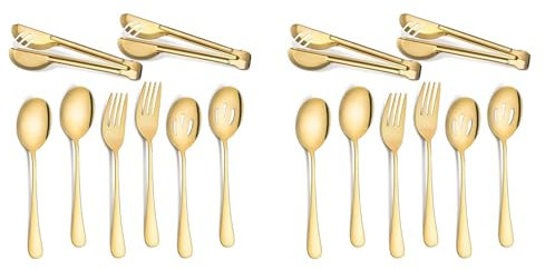 CENMEN Cubiertos de Acero Inoxidable Utensilios para Servir Juego de Cucharas Grandes para Cocina (Dorado, 16 Piezas)