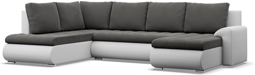 Mebligo - Ecksofa mit Schlaffunktion und 3 Bettkasten FORESTA 300x89x200 (BxHxT) Dunkelgrau + Weiß- Ottomane Links Eckcouch, Couch U Form, Sofa Wohnzimmer, Sofas & Couches, Eckschlafsofa