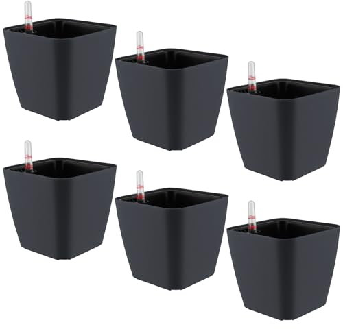 FAAING 6er Set 15cm Selbstbewässerungstopf Grau Klein, Blumentopf Selbstbewässernd, Selbstbewässerung Pflanztopf mit Wasserstandsanzeiger, Kräutertopf Selbstbewässernd für Zimmerpflanzen