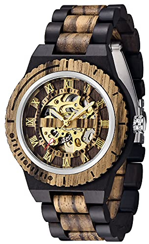 Tiong Montre mécanique en bois avec chiffres romains marron pour homme, Mwd-04