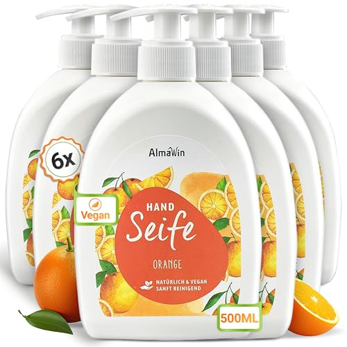 AlmaWin® Handseife flüssig mit Orangen-Duft [6x 500ml] - Flüssigseife für sanfte Handreinigung - Flüssig Seife im praktischen Spender - Hand Wash - Natürlich, Hautmild & VEGAN
