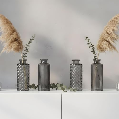 4er Set Vase Schwarz Grau H14cm Glas Tischdeko Blumendeko Glasvase Dekovase Moderne kleine Blumenvasen für Trockenblumen Herbstdeko