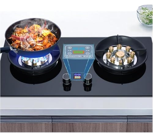 THEGA Stufa A Gas, Piano Cottura A Due Fuochi, Piano Cottura A Gas da Incasso in Vetro Temperato, Timer (Indipendente su Due Lati), Doppio Combustibile GPL/NG Facile da Pulire, 5,2 KW(LPG)