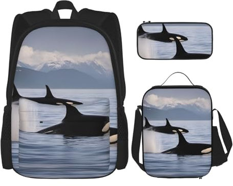 OXKGHHO Killer Whales Swim Along - Juego de mochila de trabajo con lonchera aislada, correas ajustables, para gimnasio y uso diario, Negro -, Talla única