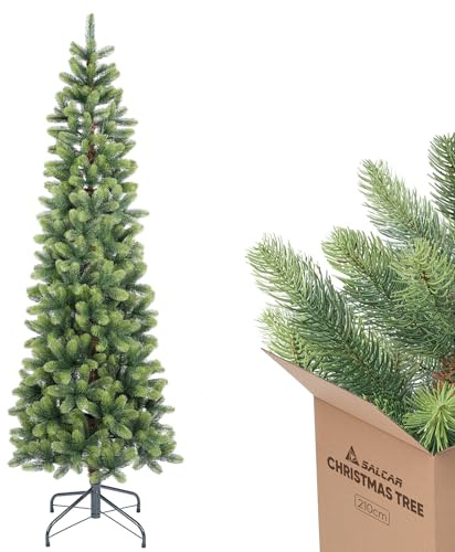 SALCAR Schmaler künstlicher Weihnachtsbaum, 210 hoch, aus 100 % PE-Spritzguss – Premium, naturgetreu und realistisch, schlanker Tannenbaum in zartgrün