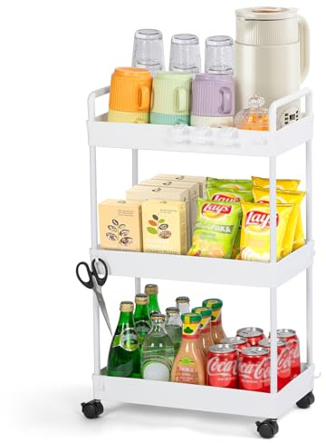 FoiiLiio Chariot de Rangement à 3 Niveaux,Chariot de Cuisine pour Salle de Bain,Desserte sur roulettes,Étagère de Cuisine avec roulettes,pour Cuisine，Salle Bain,Bureau,Blanc