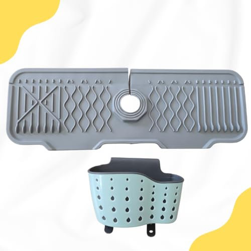 Crease Free Kitchen Faucet Sink Splash Guard | Faucet Drip Catcher Mat & Hanging Sink Caddy – 2-Piece Kitchen Sink Organizer Set for Countertop Protection & Clutter-Free Cleaning (Modern Grey)