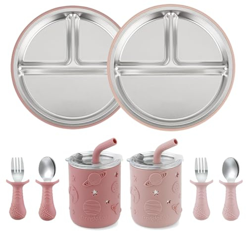 PandaEar Set Pappa Inox per Bambini | 2 Piatti con Ventosa Divisi, 2 Bicchieri Antigoccia con Cannuccia e Rivestimento in Silicone, 2 Forchette e 2 Cucchiai | Senza BPA (Rosa)