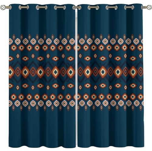 Kinder Gardinen Kinderzimmer Junge Mädchen Blickdicht Dunkelblauer Hintergrund Mit Orangefarbenen Und Weißen Diamanten 200X160Cm 2Er Set Verdunkelungsvorhang Thermovorhang Hitzeschutz Vorhänge Wohn