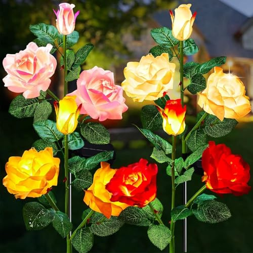 Outdoor Solar Powered Flower Lights, Courtyard Lawn Flowerpot Decorative Lights, Larger and More Realistic Lily Solar Garden Lights, 4 Sets (Rose-1)