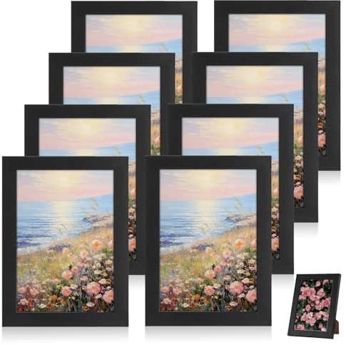VEGOATY Set di 8 cornici portafoto in legno, 13 x 18 cm, colore nero, con vetro acrilico, da appendere e posizionare, semplice cornice, per foto, certificati, stampe artistiche