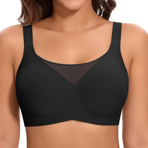 Jiuday BH Damen ohne Bügel Große Brüste Starker Halt Push Up BH ohne Buegel Seamless Bequem Klassische Soft Nahtloser Bügelloser T Shirt Bra Gepolstert Mesh Bralette (Flacher V Schwarz,XL)