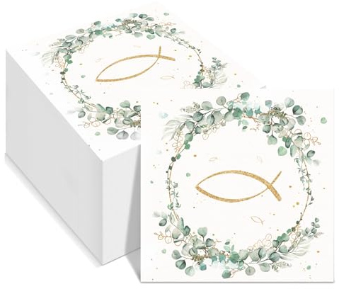 FENGCHUANG 80 Pcs Servietten Fisch um Eukalyptus Weiß 33 x 33 cm Fisch Deko | Servietten Salbeigrün Eukalyptus Fisch Frischholzzellstoff Papierserviette für Taufe Deko Tischdeko Geburtstag