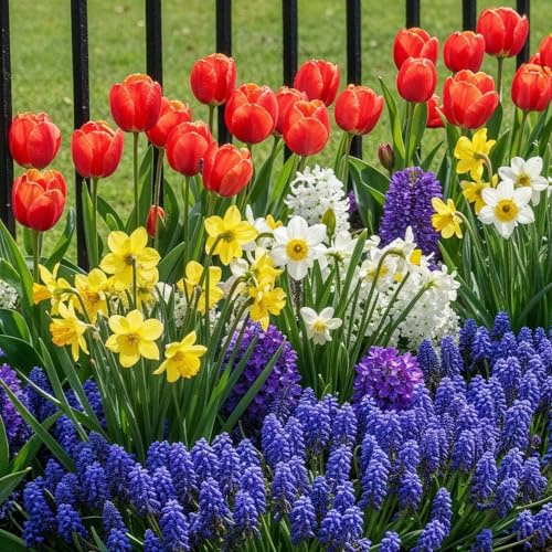 FLORIUM Blumenzwiebeln Mehrjährig Winterhart | Frühling Blumenzwiebelmischung Blumenkübel | 50 Zwiebeln | Tulpen/Narzissen/Hyazinthen | Niederländische Qualität | Für Garten, Töpfe und Balkon