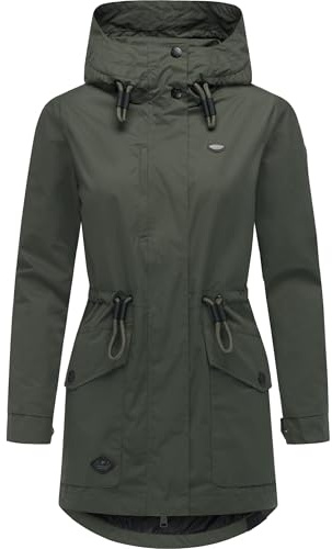 Ragwear lätt vattentät övergångsjacka för kvinnor kort jacka med midjeband och justerbar huva Alysa YOUMODO XS-6XL, Dark Olive25, XXL