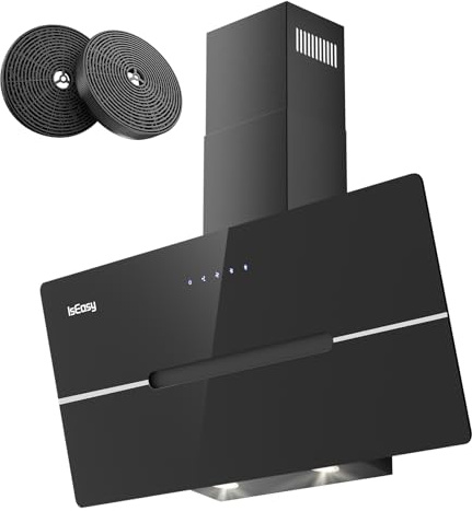 Hotte Aspirante 90cm, IsEasy Hotte Aspirante Inclinée Noir, 578 m³/h Classe A++, 3 Niveaux de Vitesse, Éclairage LED, Hotte Murale Évacuation ou Recyclage, Filtre à Charbon Inclus