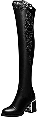 Generisch Botas altas por la rodilla de las mujeres de invierno moda encaje cómodo punta redonda talón cuadrado tacones gruesos cremallera diseño elegante botines mujer botas de caña larga, Negro
