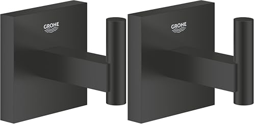 GROHE Start Cube Barre Patère Murale, Fixations Cachées, Métal, A Coller QuickGlue ou à Visser, Noir Mat, 409612430 (Lot de 2)