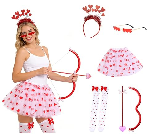 5 Stück Amor Kostüm Damen Karneval Kostüme Amor Set mit Herzchen Tutu Rock Valentinstag Herz Stirnband Pailletten Rot Herz Sonnenbrille Pfeil Socken für Valentinstag Karneval Party Cosplay
