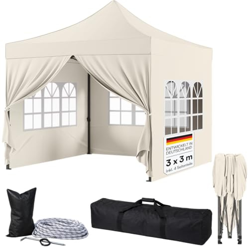 STEELSØN Rynara Pavillon 3x3 m – Faltpavillon mit 4 Seitenteilen – hochwertiger Gartenpavillon inkl. Tragetasche mit Rädern & 3-Fach höhenverstellbar – extrem stabil & UV-/wetterfest - beige