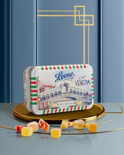 Leone seit 1857 – Blechdose Gelée Bonbons – Pastillen Leone – Vegane und glutenfreie – Italienische Postkartensammlung – Zitrusgeschmack (Orange, Zitrone, Mandarine) – Venedig – 100 g