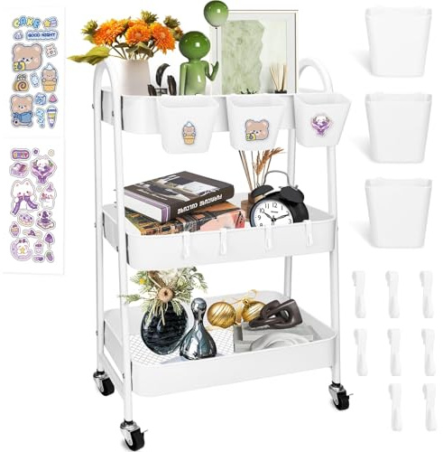 JOYBOY Rollwagen mit 3 Ebenen,Servierwagen,KüChenwagen,Rollwagen Metall mit Feststellbaren RäDern & HäNgenden Bechern & Haken,Aufbewahrung,Kunstwagen,Trolley,mit SüßE Aufkleber,Weiß