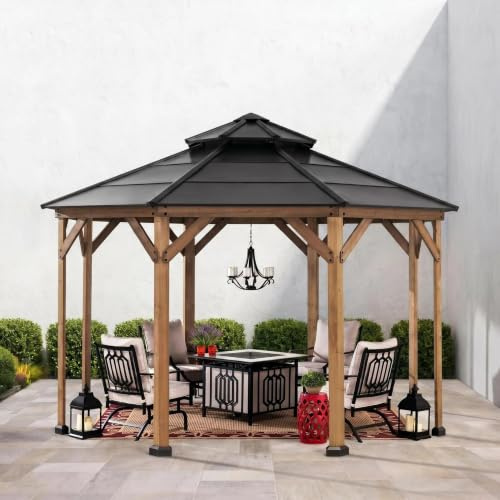 SUNJOY 4,3x4,3 m achteckiger Holzpavillon mit 8 Pfosten aus Zedernholz, Hardtop 2-stufiges Stahldach, Schnee- & UV-beständig, dauerhafter Outdoor-Pavillon für Schatten, Garten & Terrasse