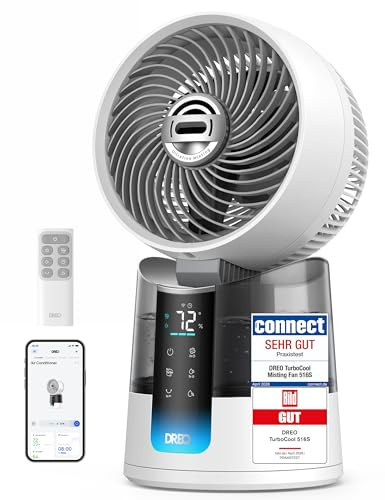 DREO TurboCool Nebelventilator 516S, Tischventilator mit 150°+30° Oszillation, Verdunstungskühler, 7.9 m/s, ultrafeiner Nebel, 20 dB leise, 6 Geschwindigkeiten, 2 Modi, App- & Fernbedienung, RGB, Weiß