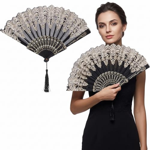 FOMIYES Abanico Plegable Chino Negro - Ventilador Portátil de Mano para Refrescarse en Verano, Estilo Vintage con Encaje para Invitados de Boda, Accesorio de Vestuario Antiguo Y Espectáculos de