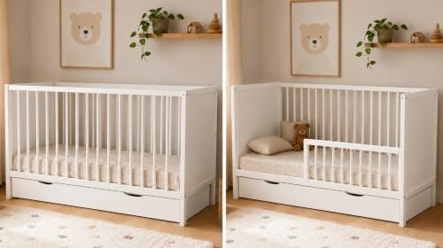 Kids Collective Babybett Kinderbett Beistellbett | Modulares Gitterbett Lattenrost 3-Fach höhenverstellbar & abnehmbare Sprossen | Baby Bett Holz Kinderzimmer | 140x70 cm | Weiß