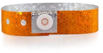 100 WristCo Orange Holographic Plastic Wristbands for Events – Extended Wear, Glowing Color Prevents Reuse – Premium-Grade Bracelets
