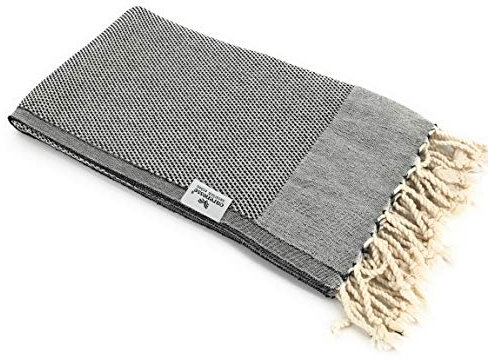Carenesse - Telo da hammam Favo, 90 x 170 cm, 100% Cotone, Motivo Pepita su Entrambi i Lati, con Frange annodate, Colore Nero/Beige
