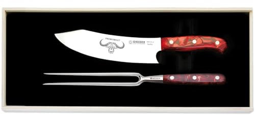 Giesser seit 1776 - Made in Germany - PremiumCut, Red Diamond, Tranchier Set 2 teilig, Kochmesser 20 cm, Tranchiergabel, Acryl, rot, rostfrei, Grillmesserset