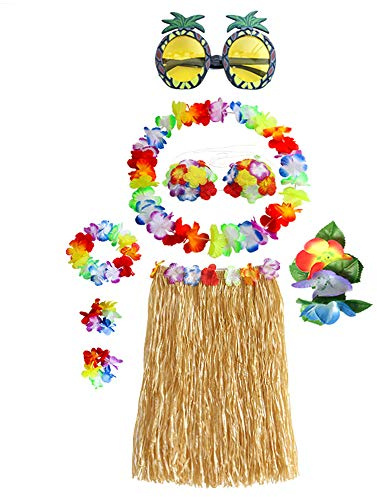 8 Stück Hawaiian Hula, Grass Rock Set, mit Halskette Armbänder für Party Fancy Dress und Tropical Beach für Erwachsene Unisex, Stirnband Blume BH Haarspange und Ananas Sonnenbrille Party Dekoration