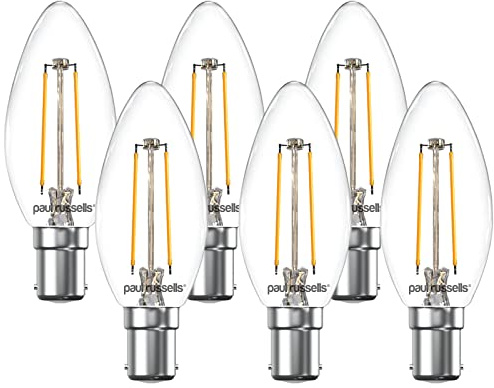 paul russells LED Candle Filament Light – 2.5W 25W Equivalent Replacement, 250LM Lumens, 2700K Warm White, SBC B15 Small Bayonet Cap C35 Bulbs – Bright Energy Saving Non-Dimmable Lamps - Pack of 6