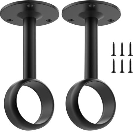SDTC Tech 1-1/4 Inch Curtain Rod Ceiling-Mount Bracket Stainless Steel Flange Rod Holder Closet Pole End Supports Socket with Matching Screws, Black - 2 Pack
