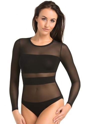 Teyli – Body femme en matière de haute qualité, à manches longues et coupe cintrée, avec culotte intégrée et empiècements transparents Noir L